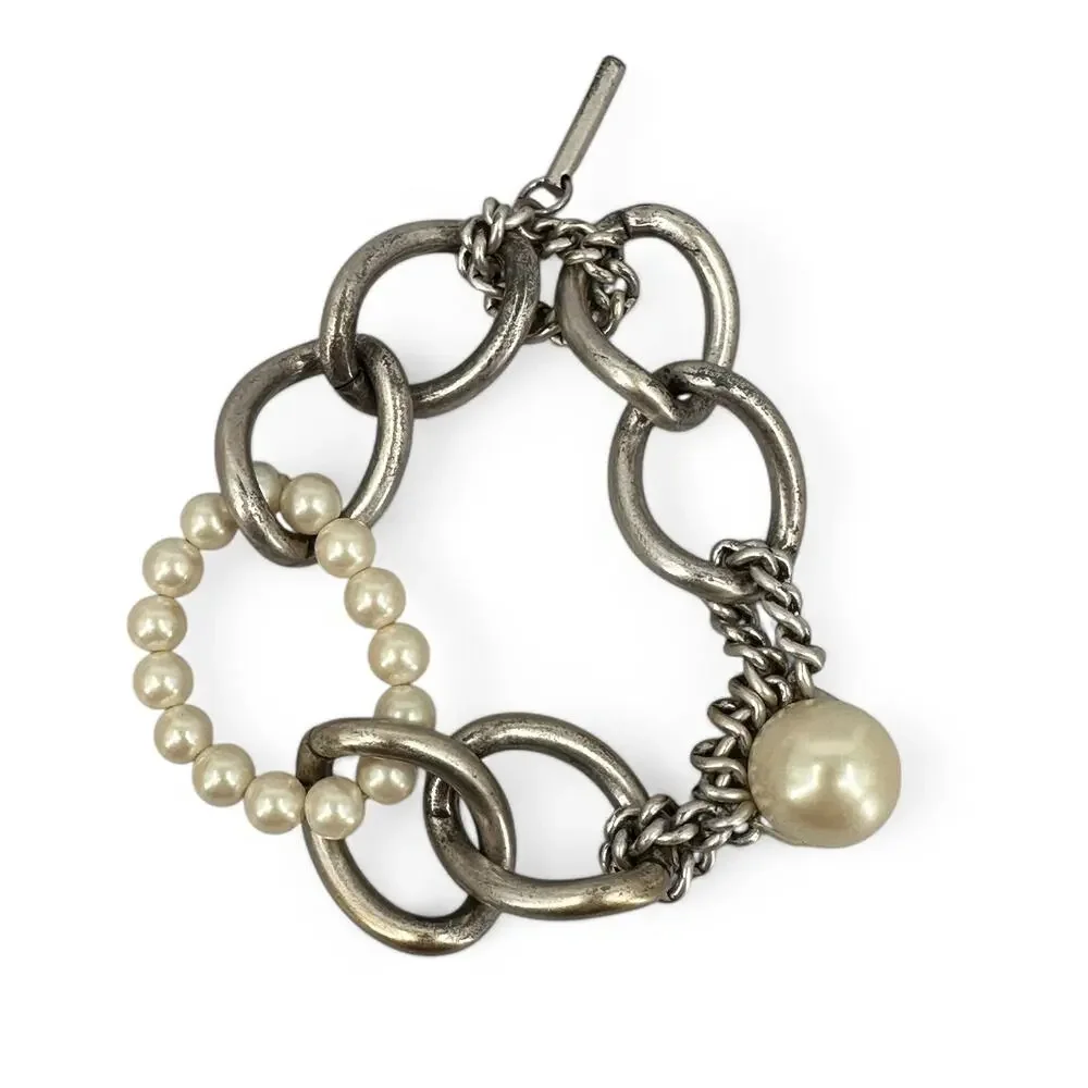 Kenneth Cole Stretch Bracelet Silver Tone Chain Link and Simulated Pearl